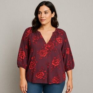 Old Navy Top Womens 2X Maroon Floral Bloomcore Boho Feminine Cottagecore‎ Comfy